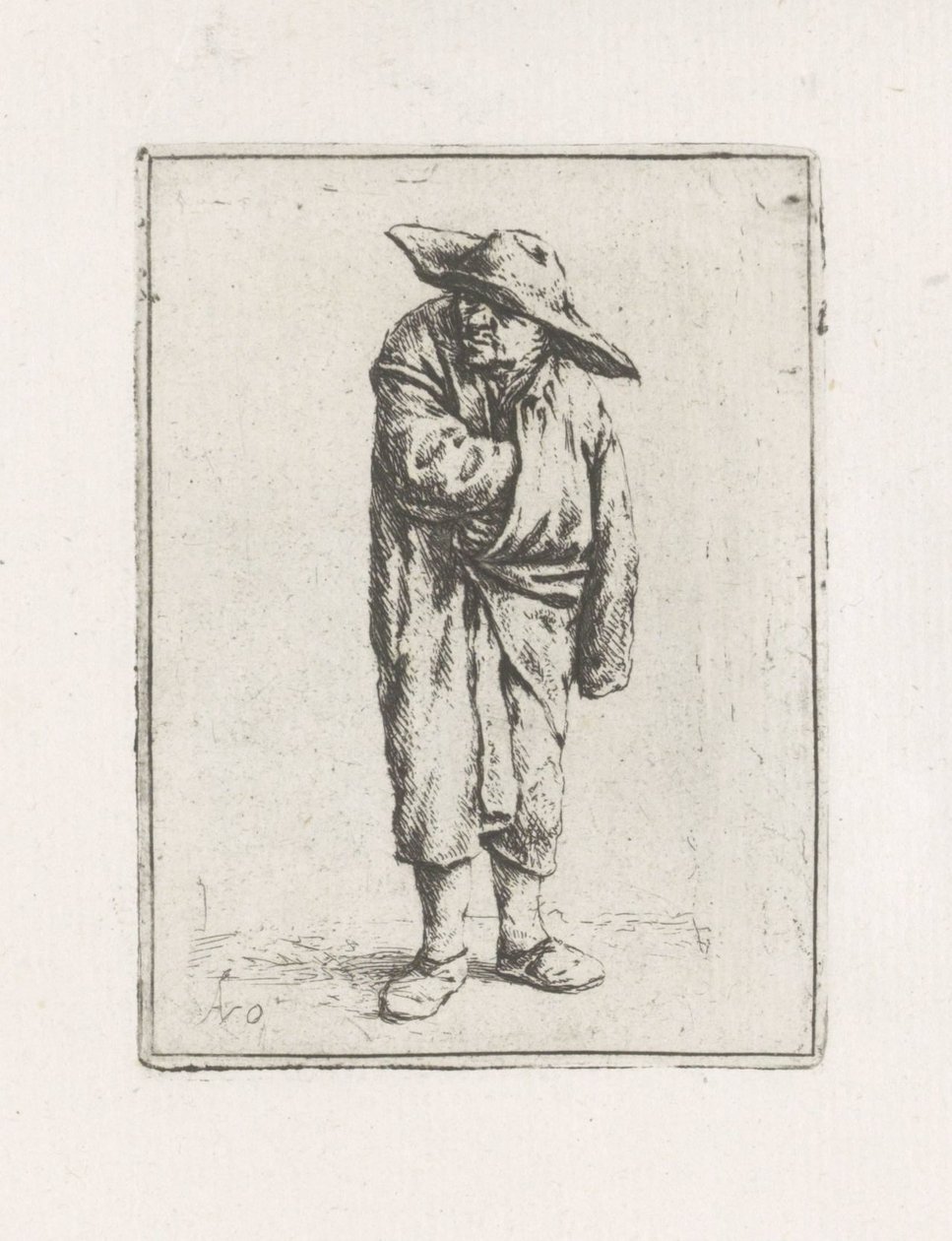 Staande boer met hand in zijn mantel door Adriaen van Ostade