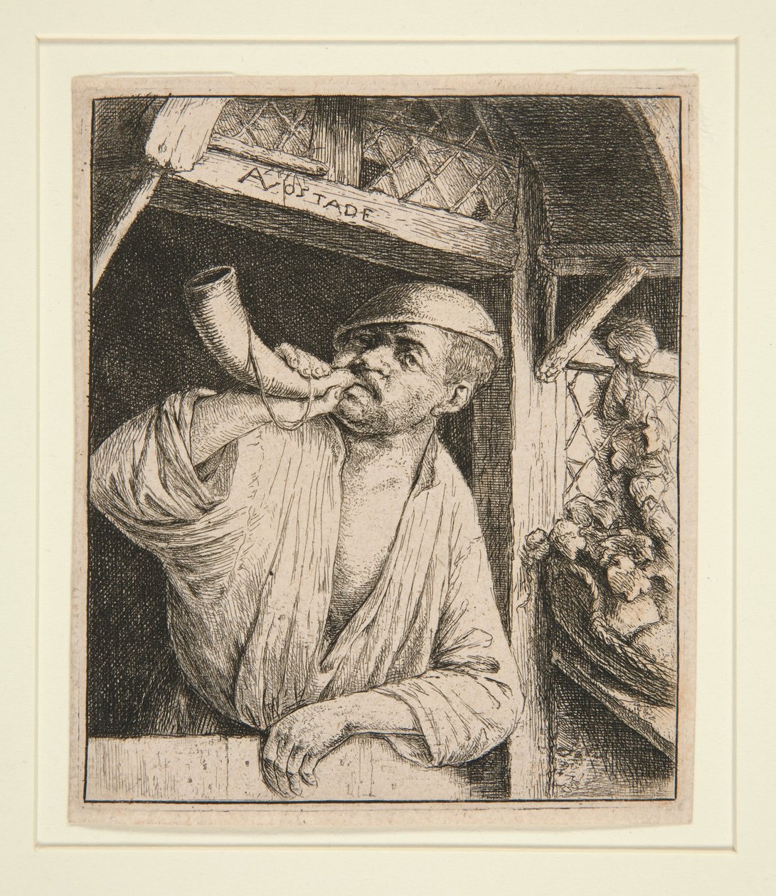 De bakker die op zijn hoorn blaast door Adriaen van Ostade