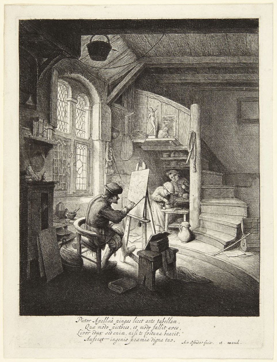 De schilder in zijn atelier door Adriaen van Ostade