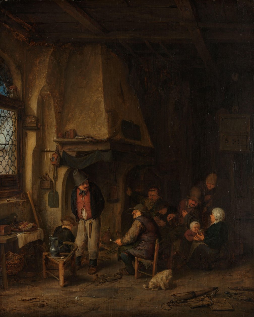 De schaatsers: Boeren in een interieur door Adriaen van Ostade
