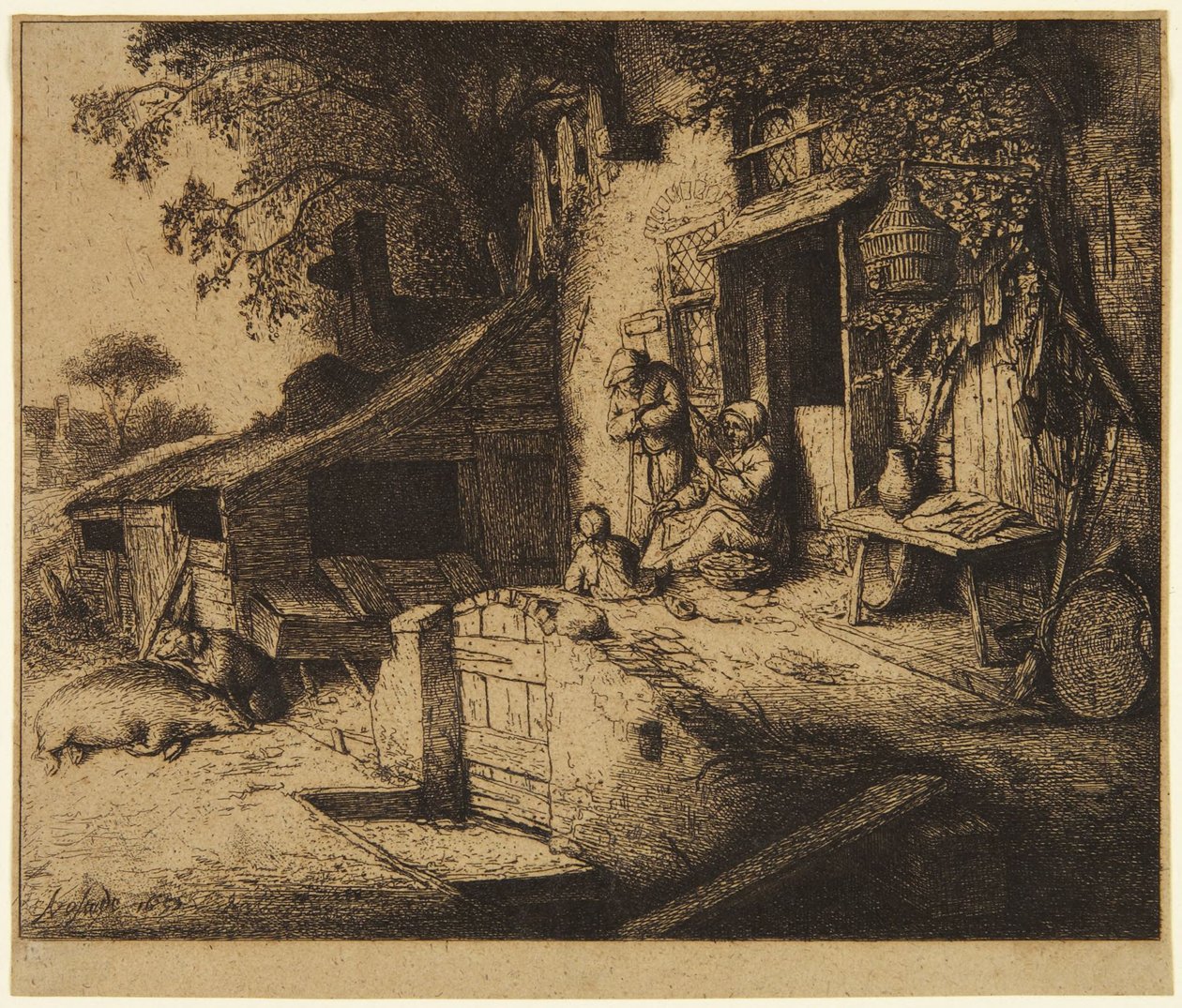 De vrouw die aan het spinnen is door Adriaen van Ostade