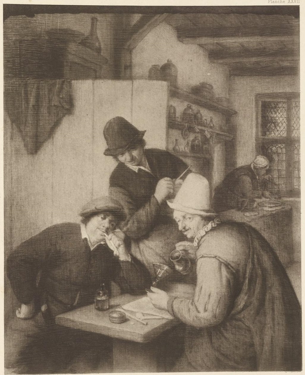 Drie boeren en een vrouw aan tafel door Adriaen van Ostade