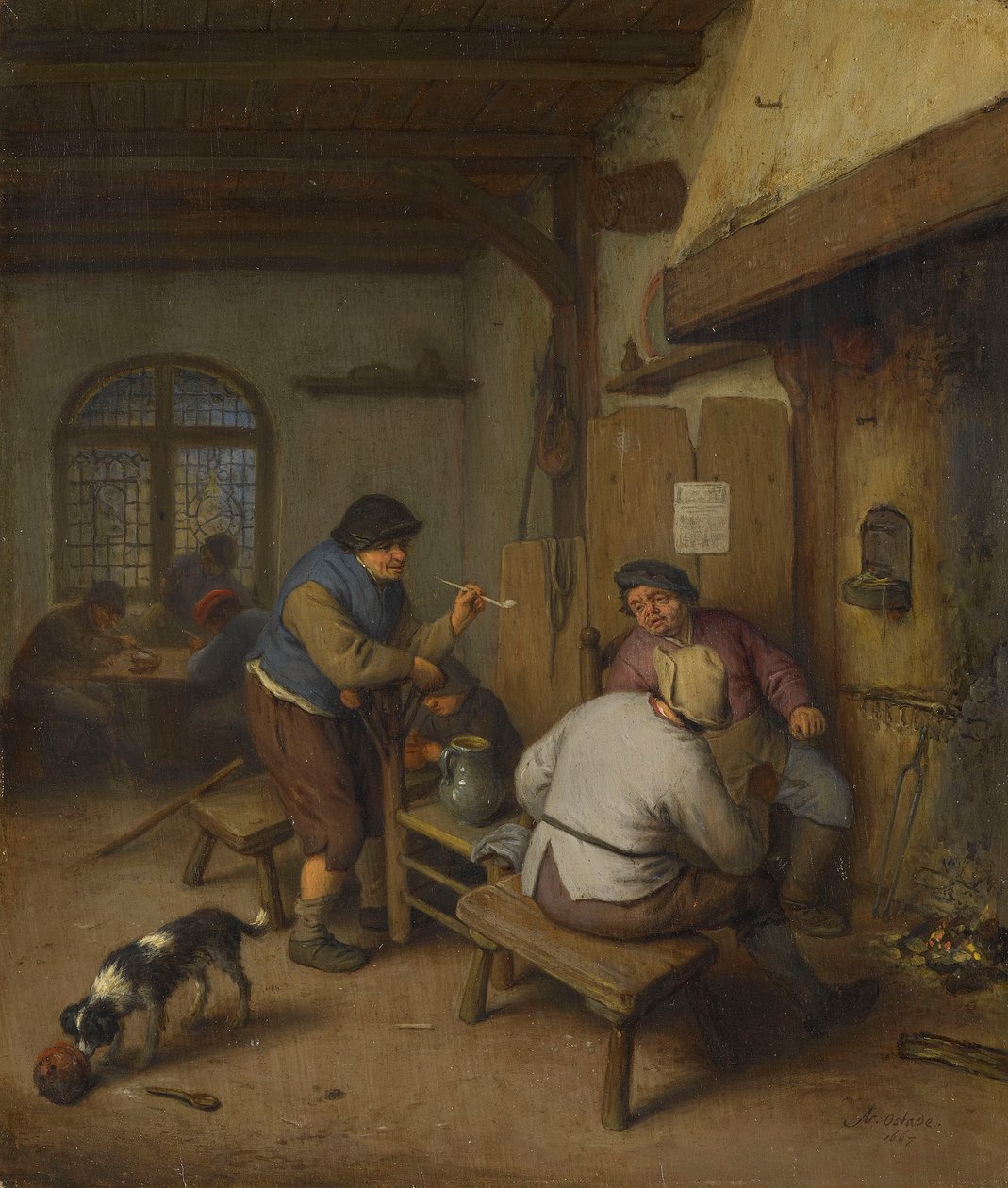Drie boeren in een herberg, rond een vuurtje door Adriaen van Ostade