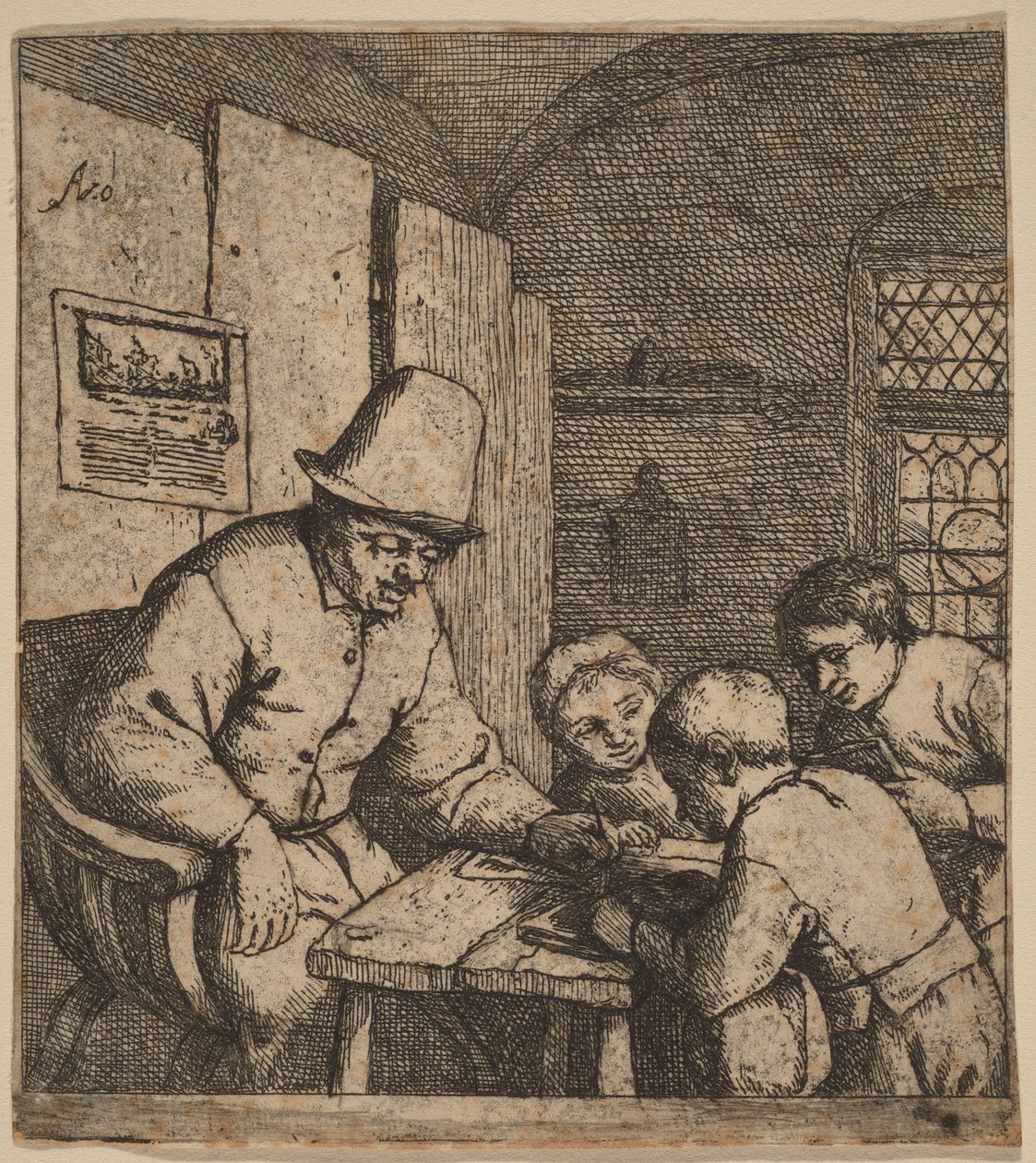 Dorpsschoolmeester met drie leerlingen door Adriaen van Ostade