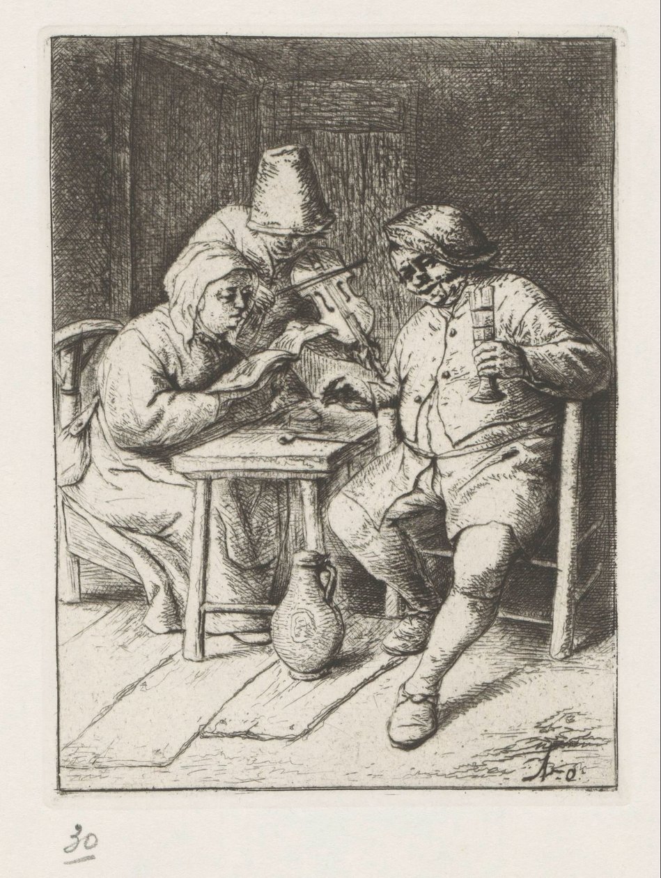 Vioolspeler en een zingende man en vrouw door Adriaen van Ostade
