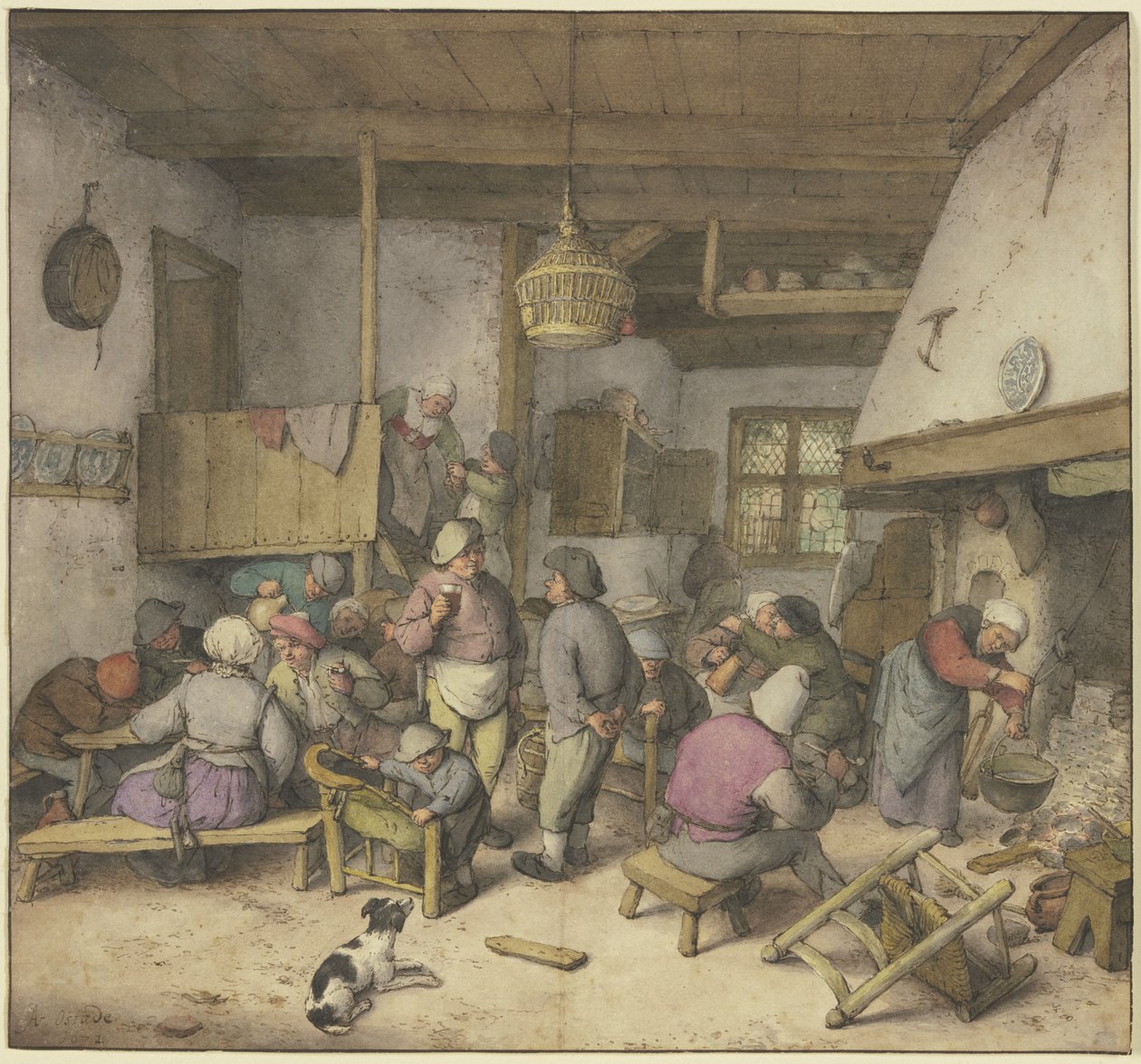 Interieur van een herberg met rokende, drinkende en knuffelende boeren door Adriaen van Ostade