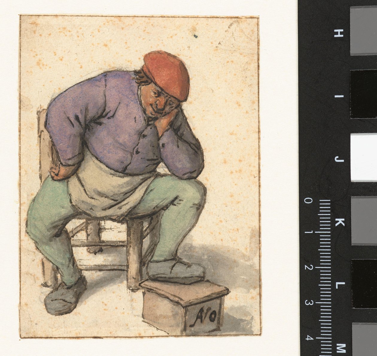 Zittende man, zijn linkervoet steunend op een stoof door Adriaen van Ostade