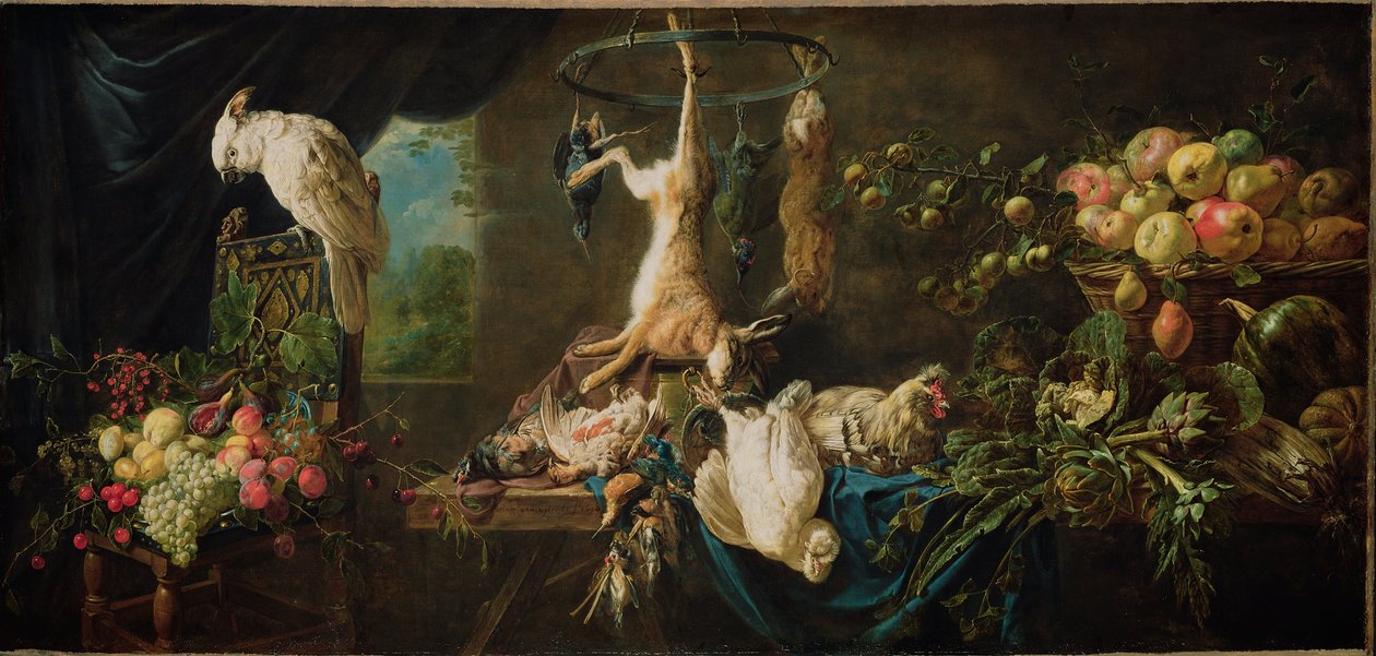 Stilleven - wild, groenten, fruit, kaketoe door Adriaen van Utrecht