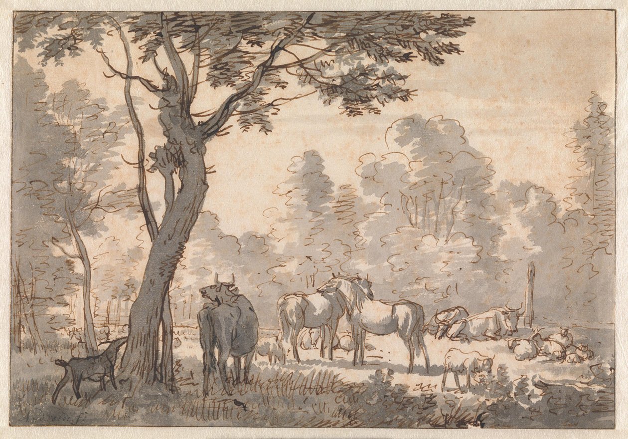 Boomrijk landschap met paarden, koeien en geiten door Adriaen van de Velde