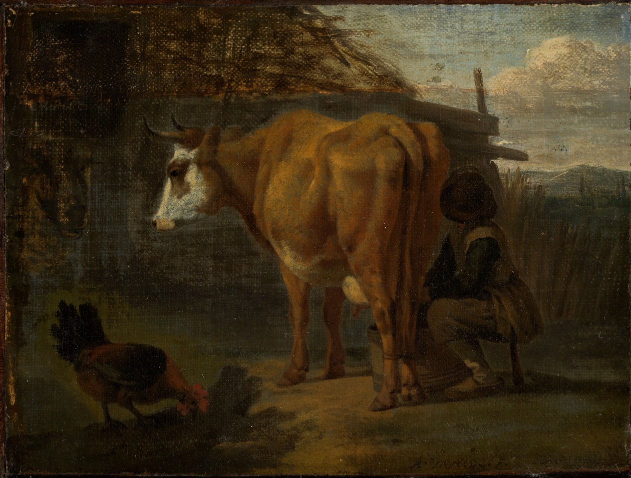 Een bruine koe die door een herder wordt gemolken door Adriaen van de Velde