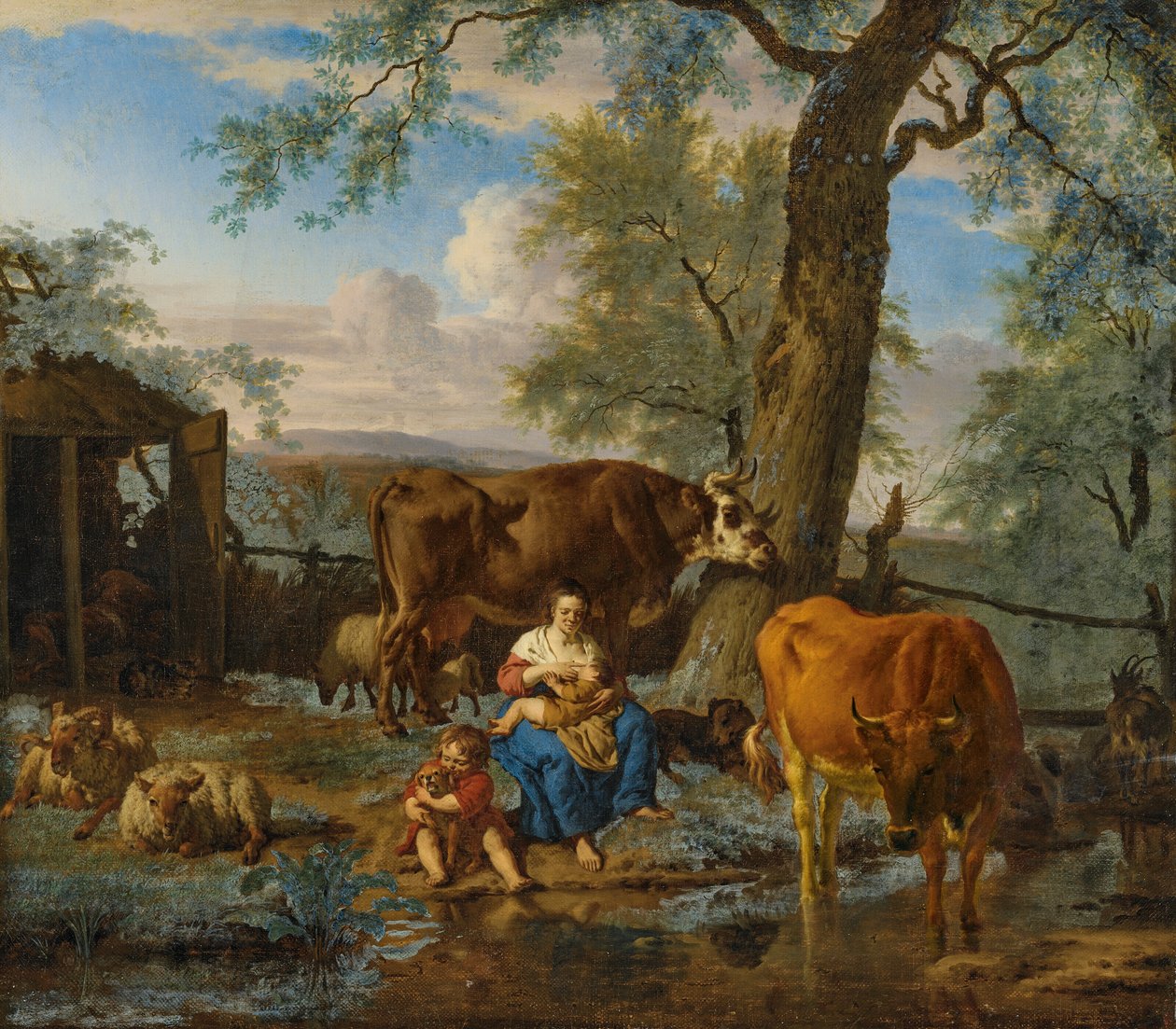 Vee met borstvoedende vrouw en kind spelend met hond door Adriaen van de Velde