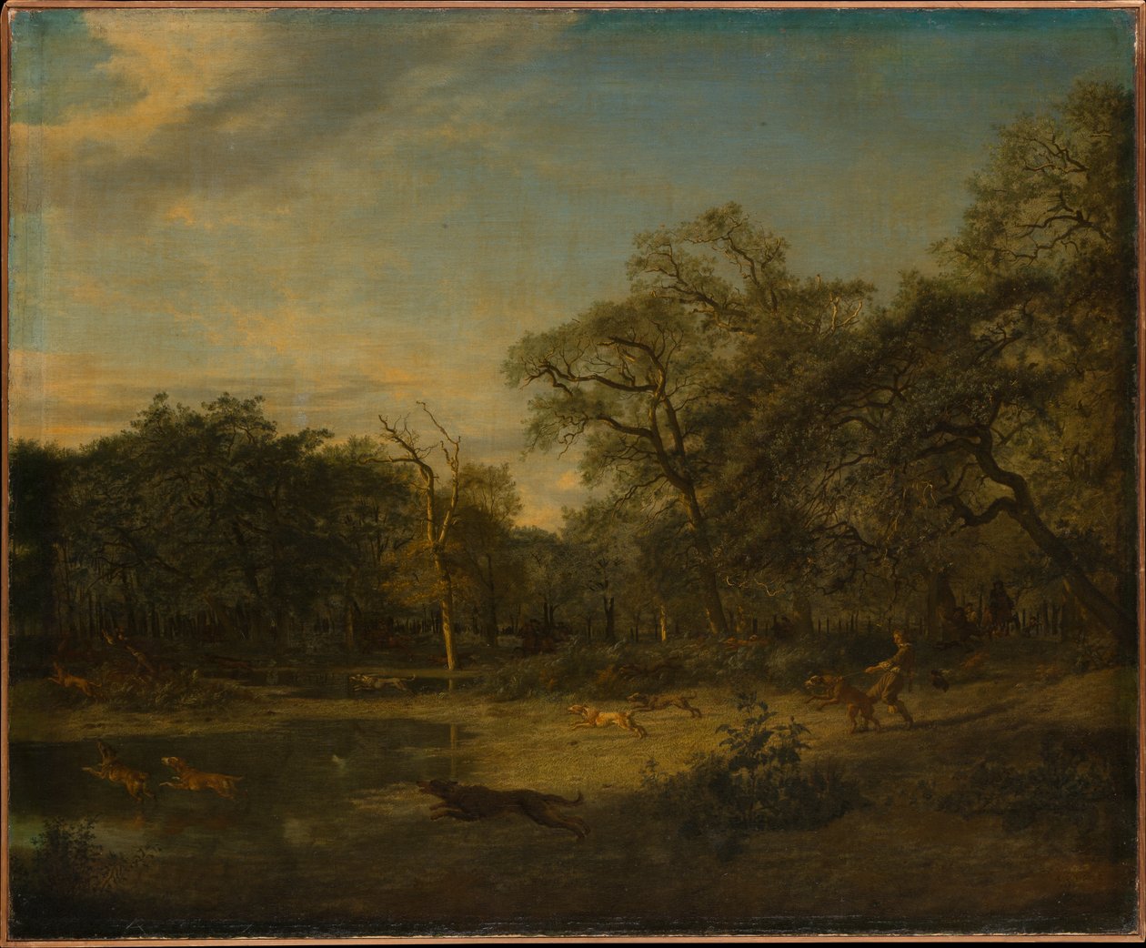 Hertenjacht in een moerassig boslandschap door Adriaen van de Velde