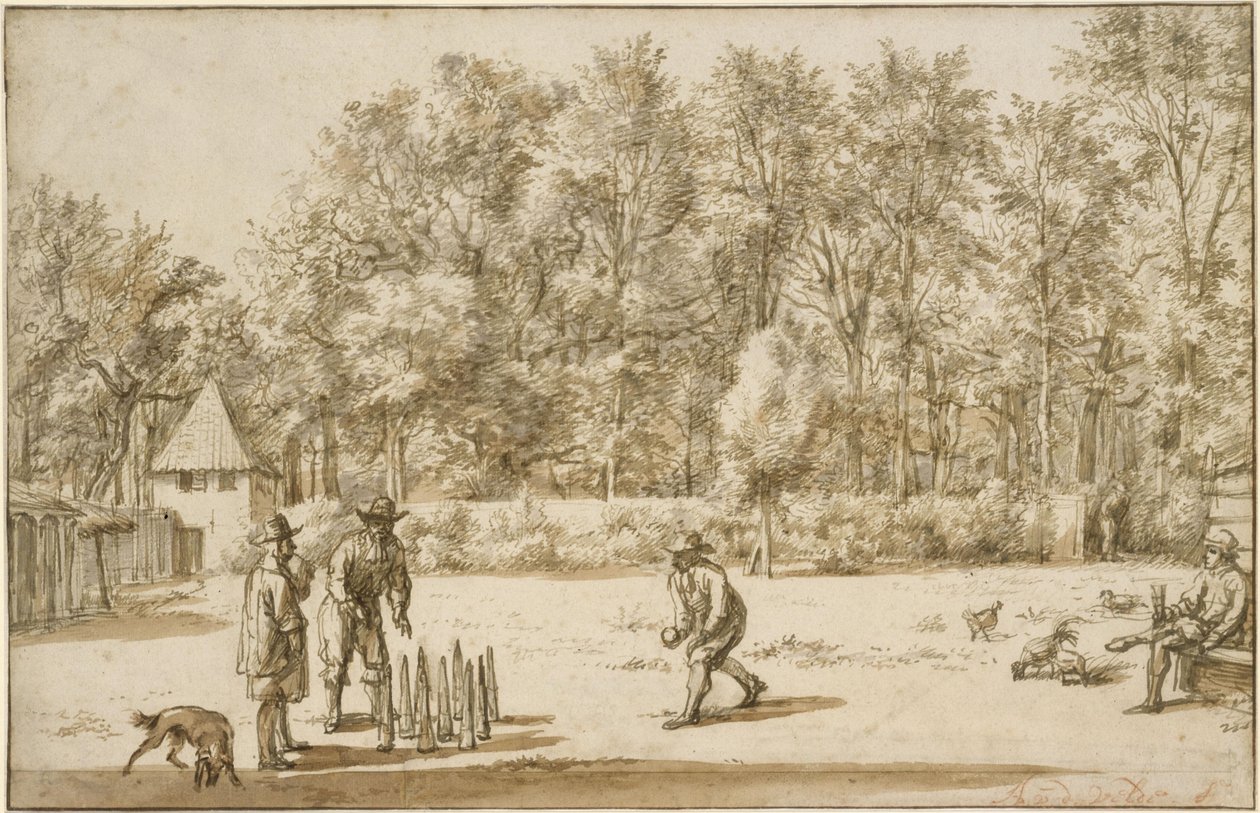 Drie mannen die kegelen door Adriaen van de Velde