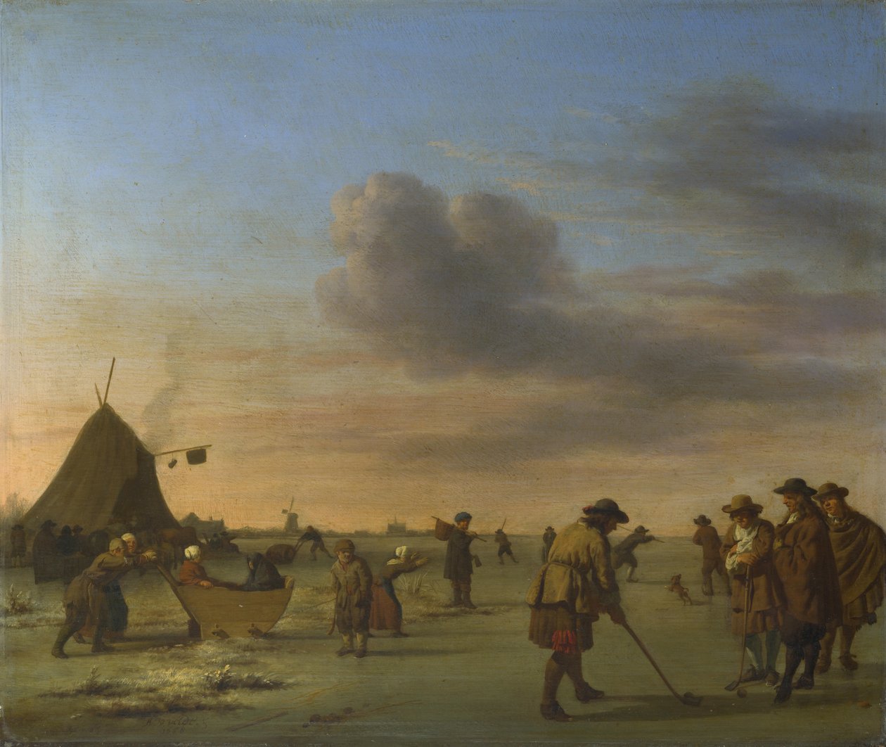 Golfers op het ijs bij Haarlem door Adriaen van de Velde