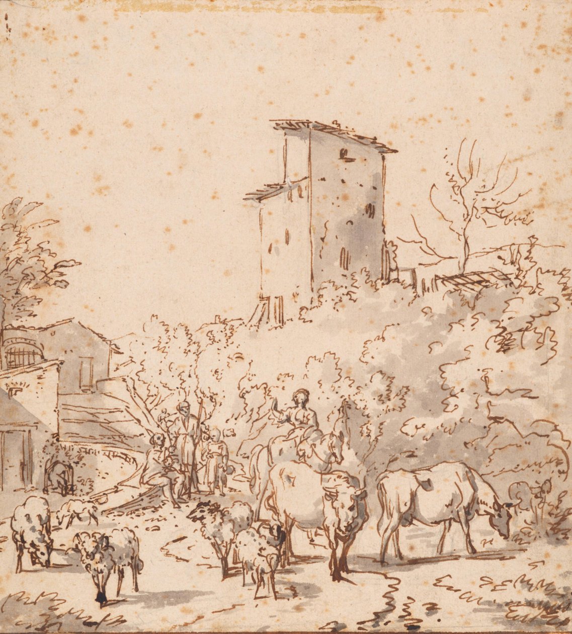 Italiaans landschap met mensen en vee door Adriaen van de Velde
