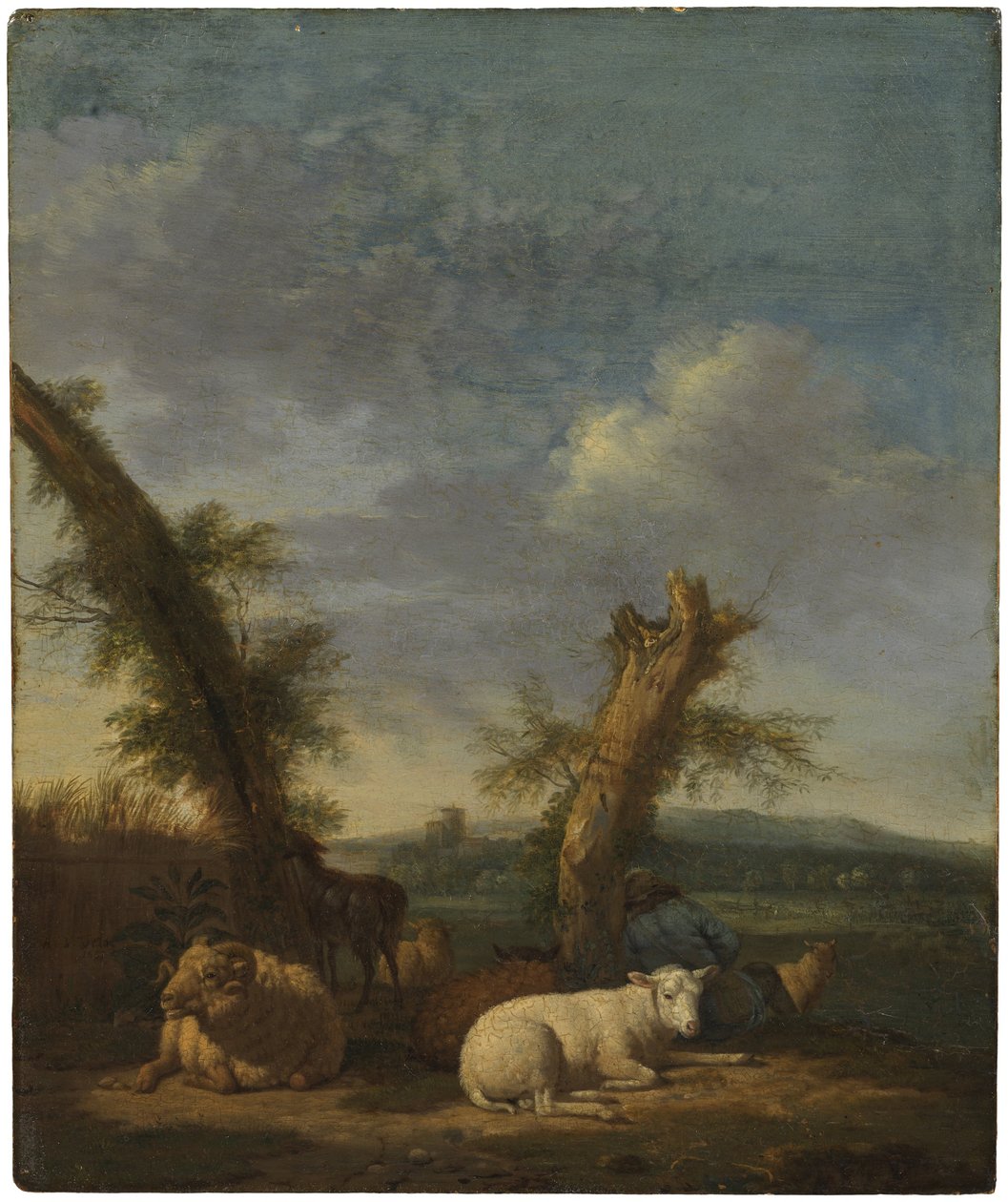 Landschap met schapen en een slapende herder door Adriaen van de Velde