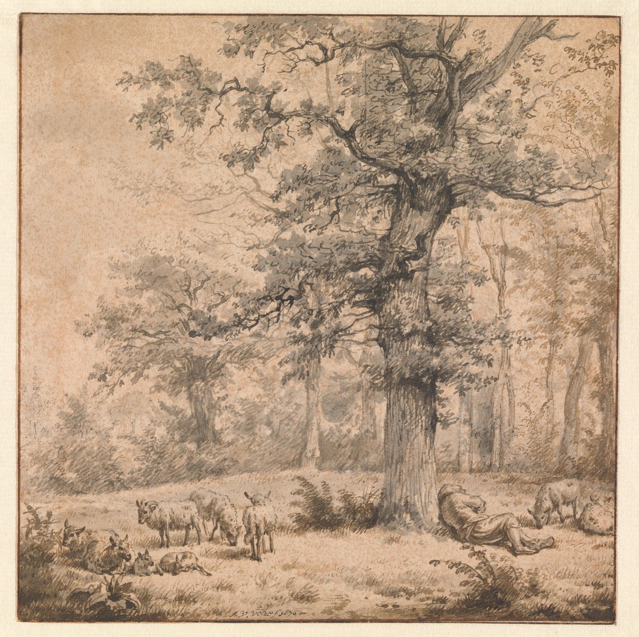 Landschap met slapende herder door Adriaen van de Velde