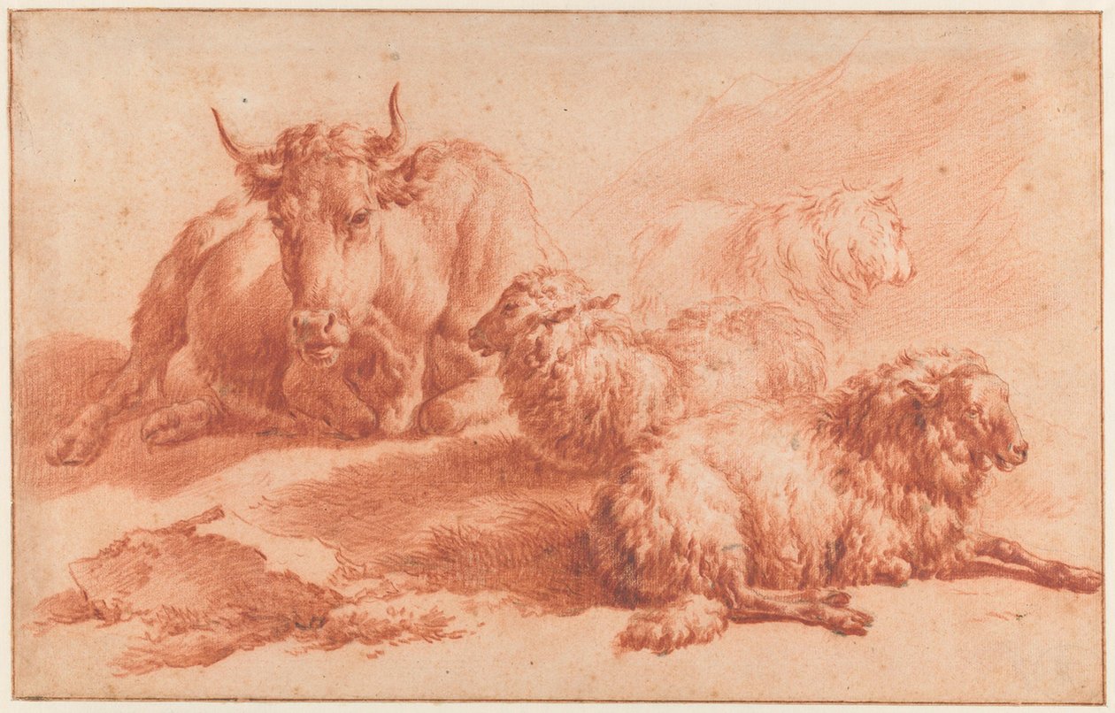 Liggende koe en drie schapen door Adriaen van de Velde