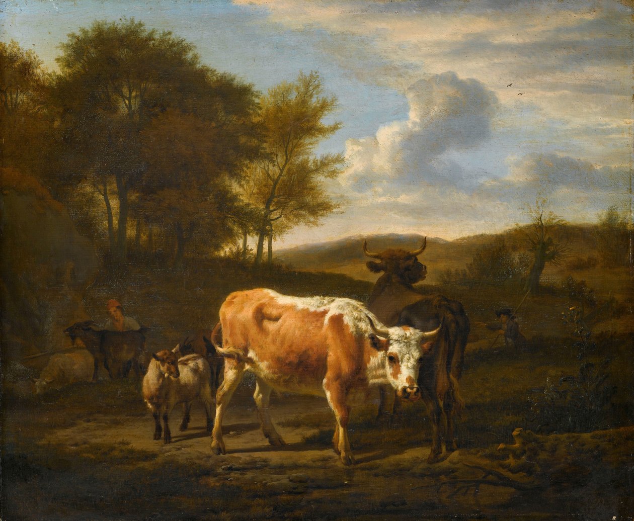 Bergachtig landschap met koeien door Adriaen van de Velde