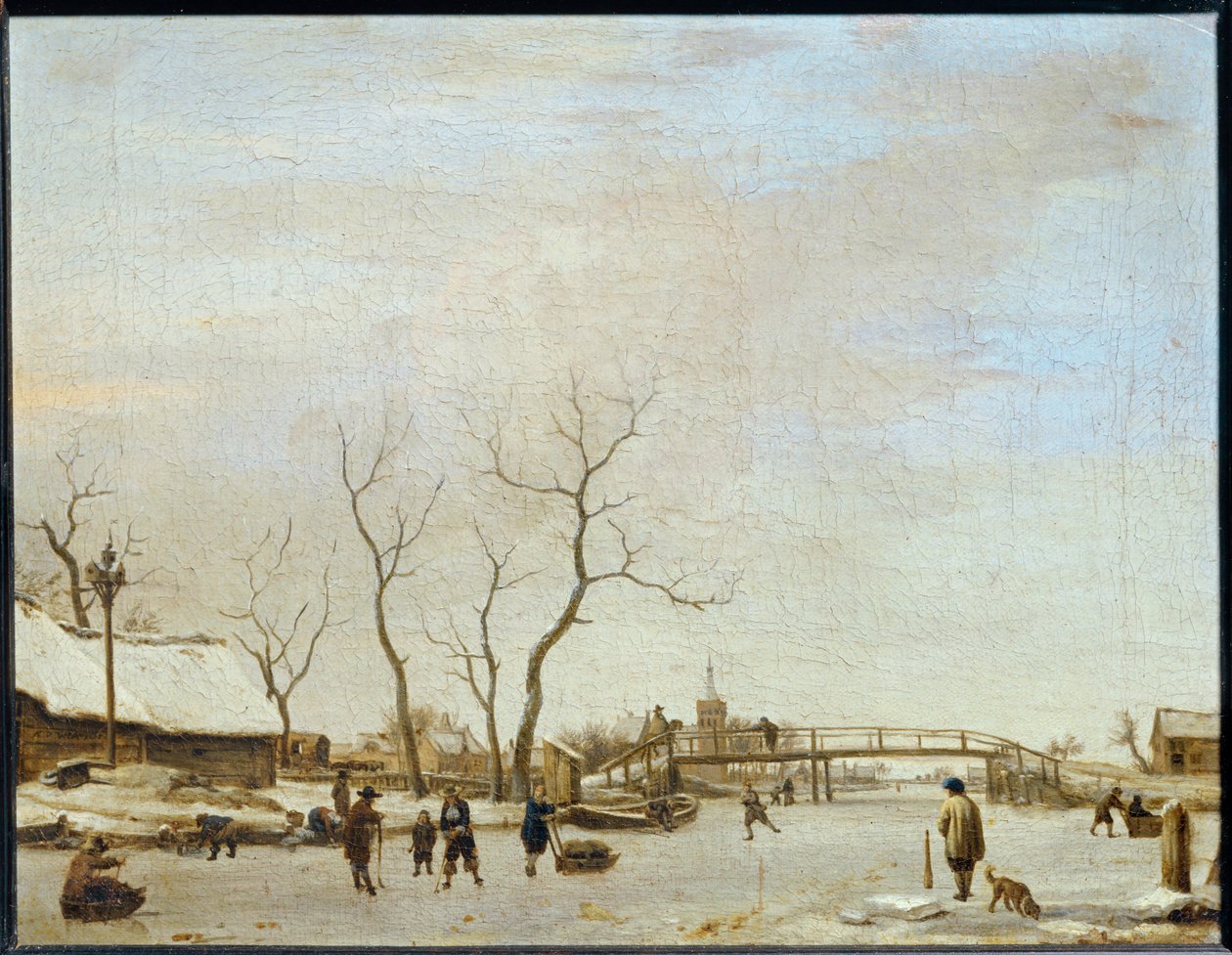 Riviere gele met schaatsers en hikspelers ... door Adriaen van de Velde
