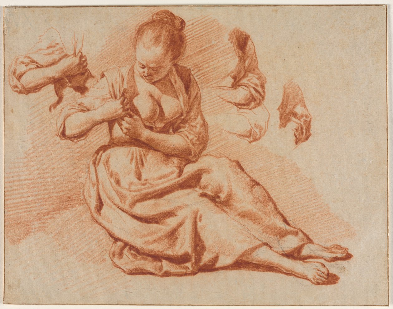 Zittende vrouw die vlooien zoekt, ca. 1671 door Adriaen van de Velde