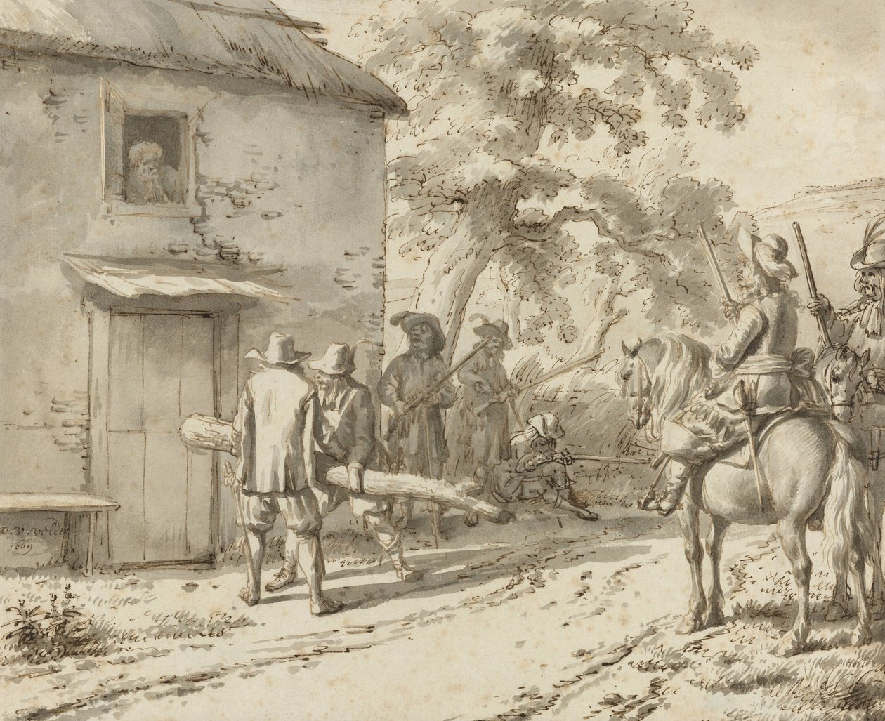 Soldaten forceren een deur, 1669 door Adriaen van de Velde