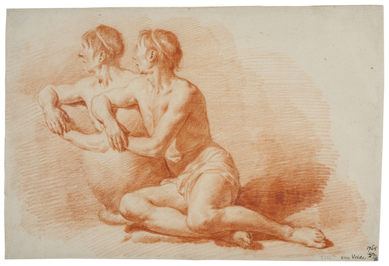 Studie van een zittend mannelijk naakt op de grond door Adriaen van de Velde