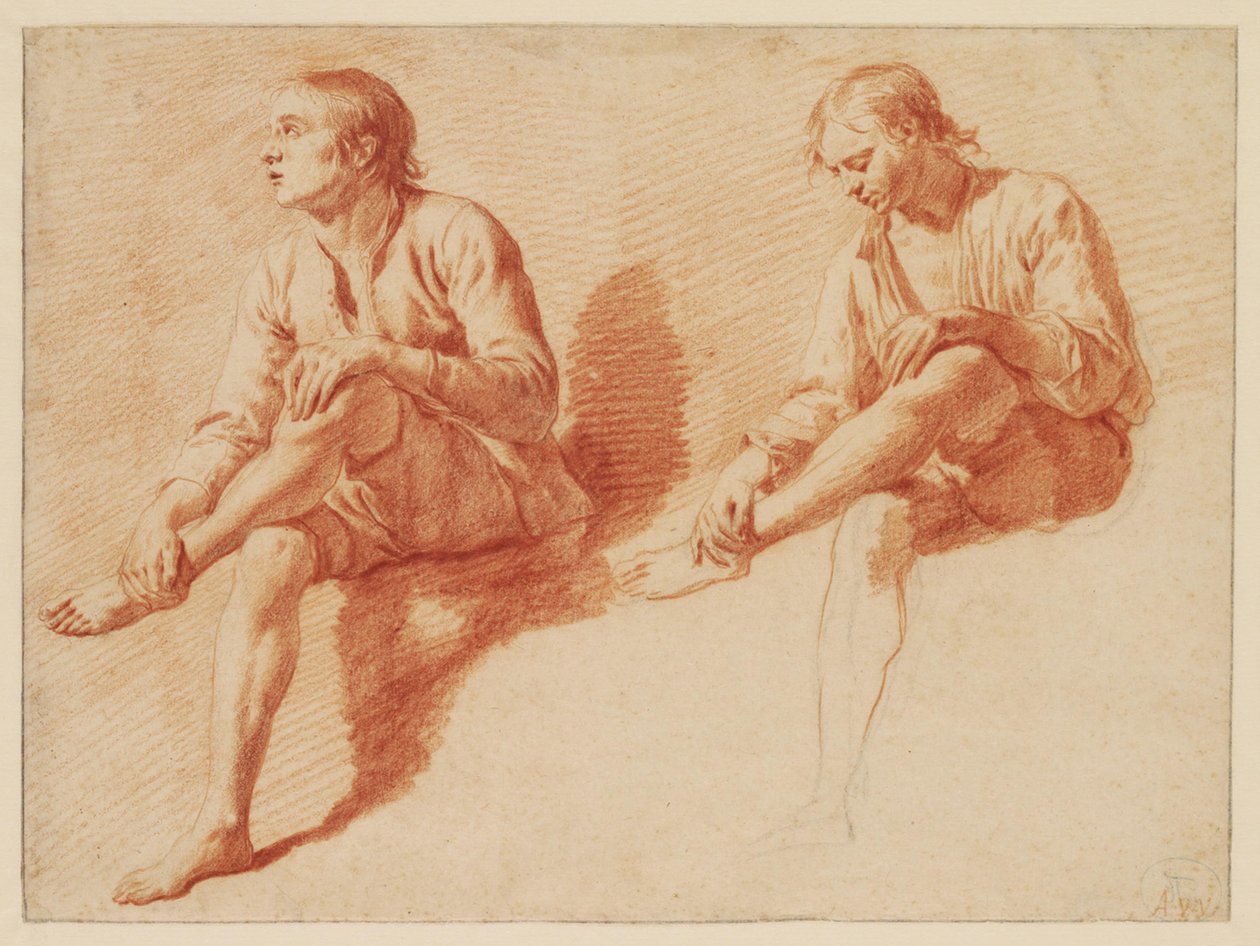 Twee studies van een zittende jongen door Adriaen van de Velde