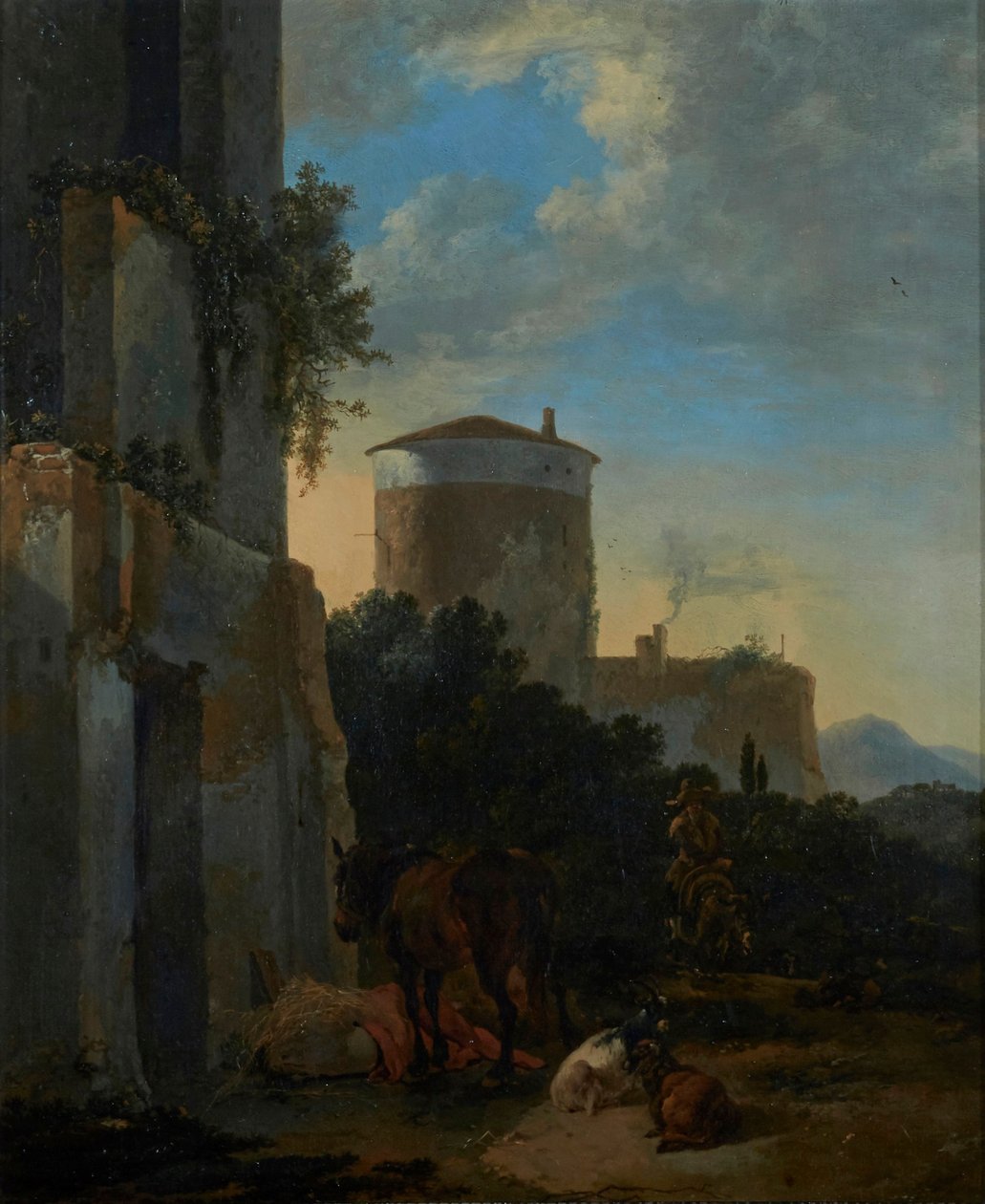 Een italiaanse dorpsstraat met een paard, geiten en een man op een ezel door Adriaen van der Cabel