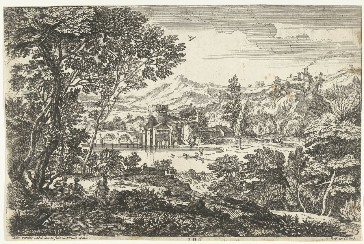 Landschap met drie personen onder een boom door Adriaen van der Kabel