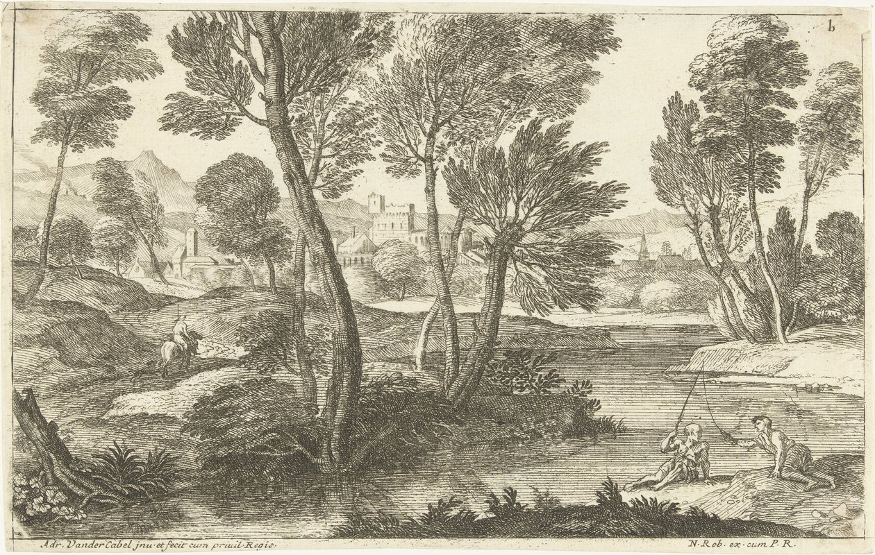 Landschap met twee vissers door Adriaen van der Kabel