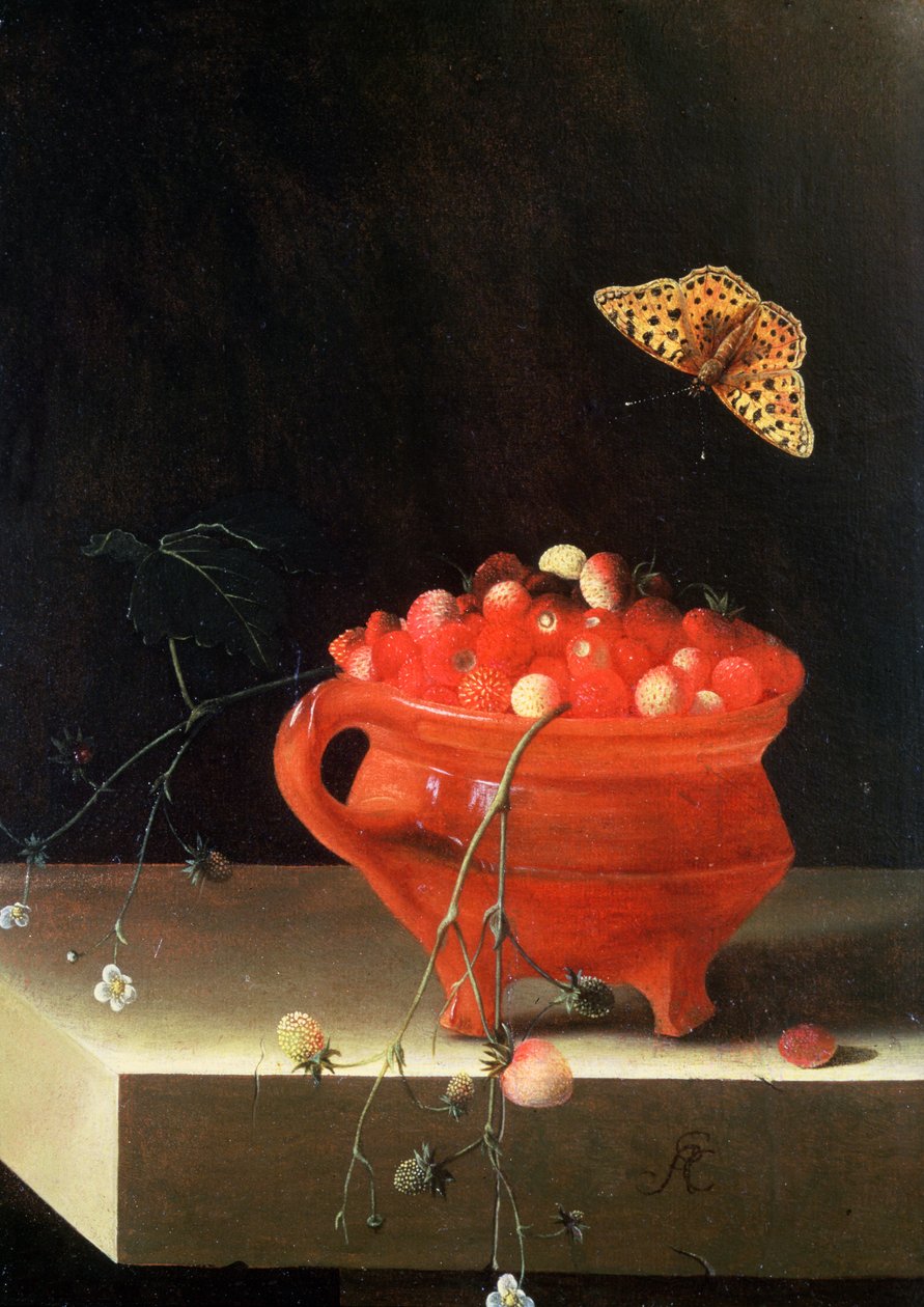Een pot wilde aardbeien door Adrian Coorte