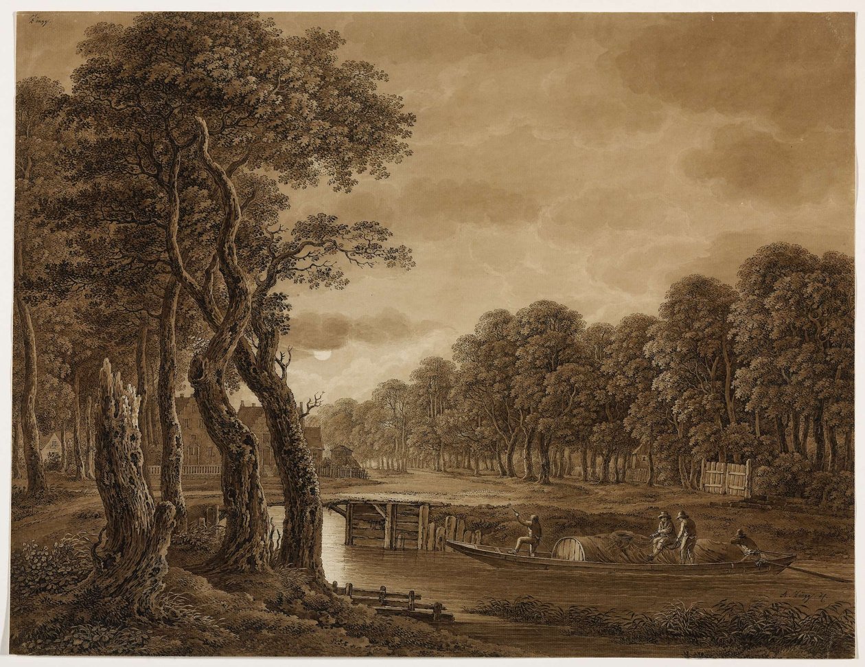 Maanlichtlandschap met vrachtboot door Adrian Zingg