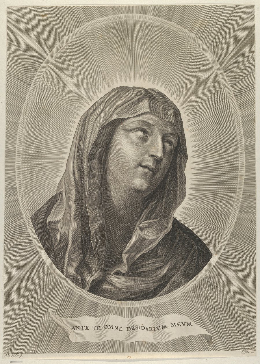 Het hoofd van de Maagd die naar rechts kijkt, in een ovaal frame, naar Reni door Adrian van Melar