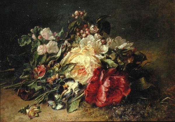 Stilleven met rozen en viooltjes door Adriana Joanna Haanen