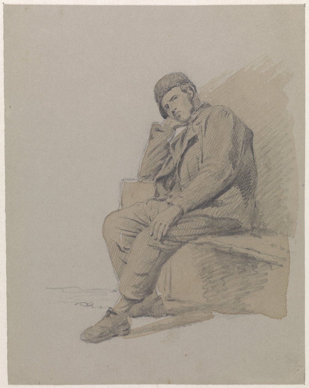 Figuurstudie van een zittende man met een muts op door Adrianus Eversen