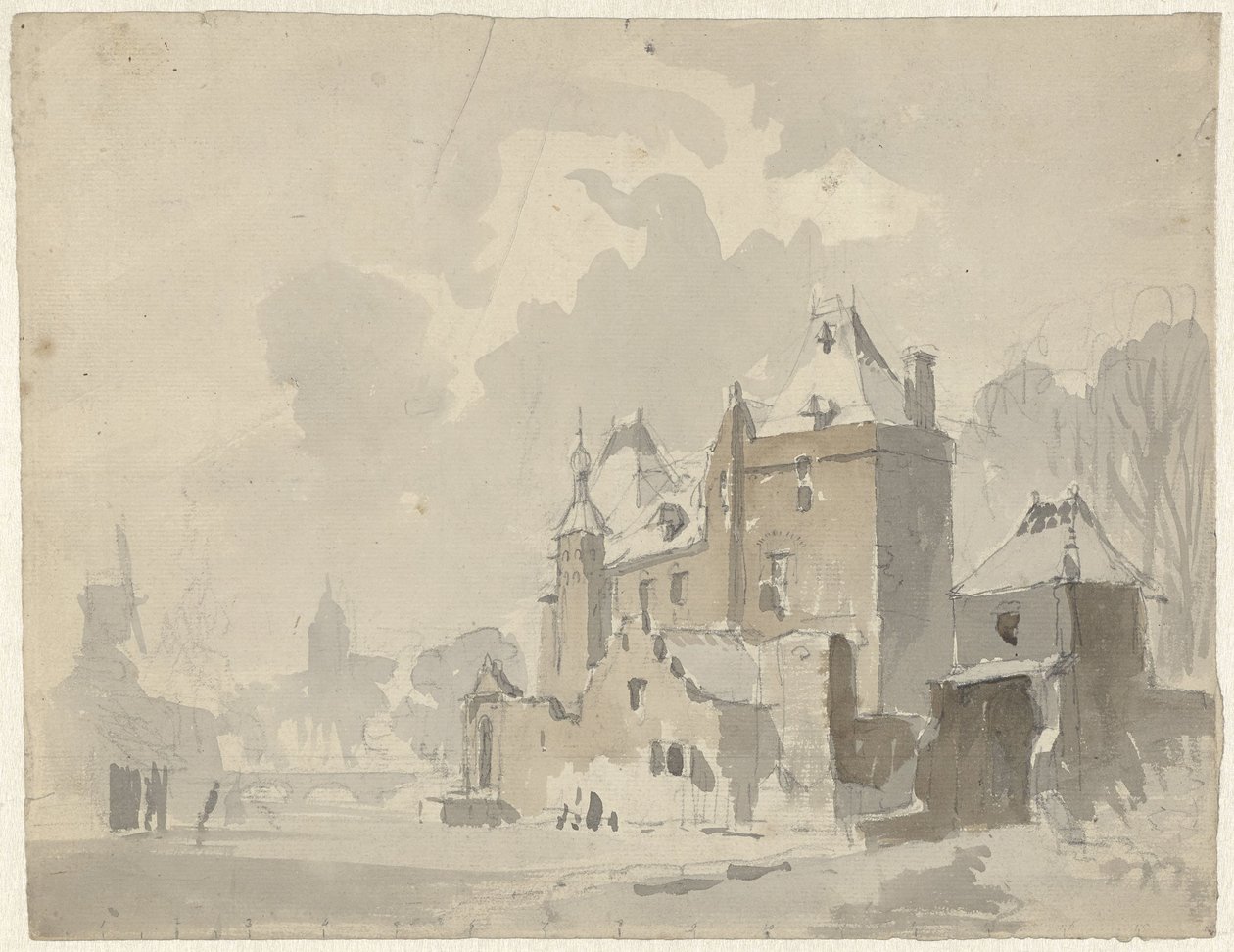 Gezicht op een gefantaseerd(?) kasteel nabij een stad door Adrianus Eversen