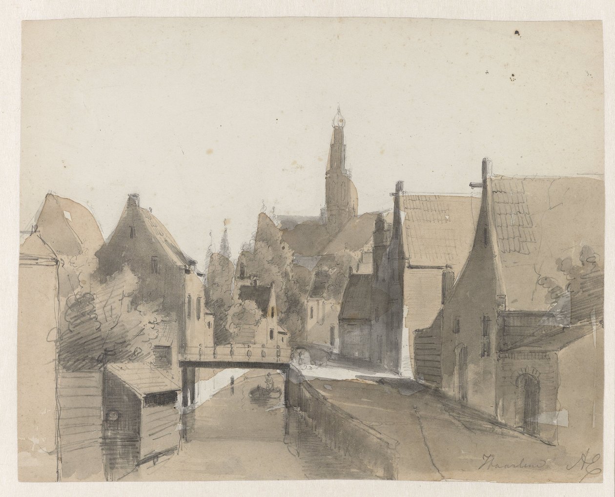Gezicht op een grachtje in Haarlem, op de achtergrond de St. Bavo door Adrianus Eversen