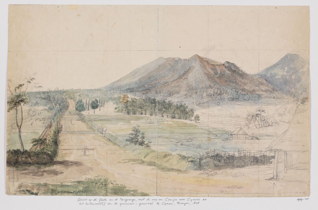 Gezicht op de vulkanen Gedé en Pangrango, weg Cianjur-Cipanas en buitenverblijf van de gouverneur-generaal te Cipanas, Priangan, West-Java door Adrianus Johannes Bik
