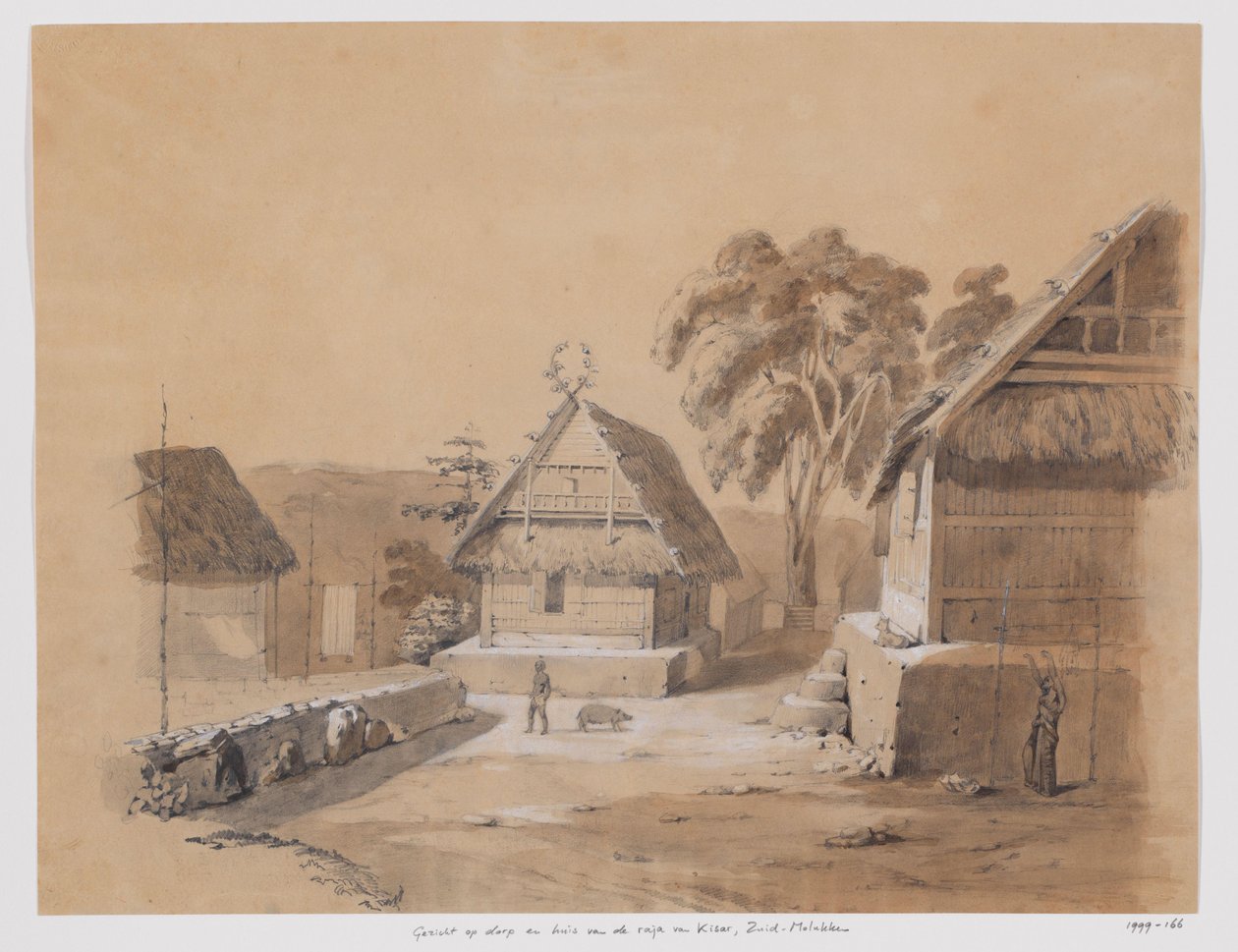 Gezicht op dorp en huis van de raja van Kisar, Zuid-Molukken door Adrianus Johannes Bik