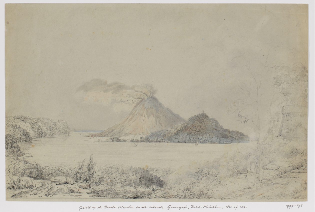 Gezicht vanuit Lontar op Banda Neira en rokende Gunungapi, Banda-eilanden, Centraal-Molukken door Adrianus Johannes Bik