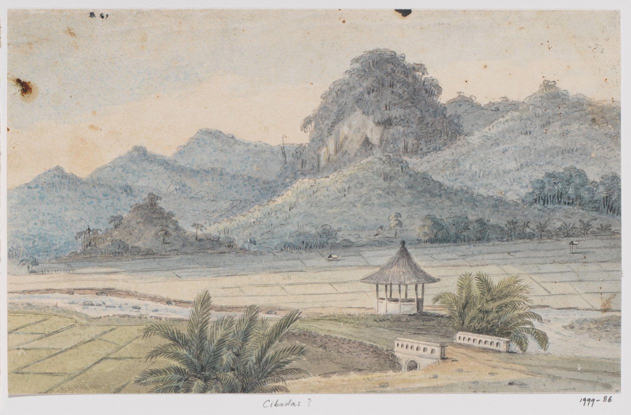 Landschap bij Cibodas met brug en paviljoen, West-Java door Adrianus Johannes Bik