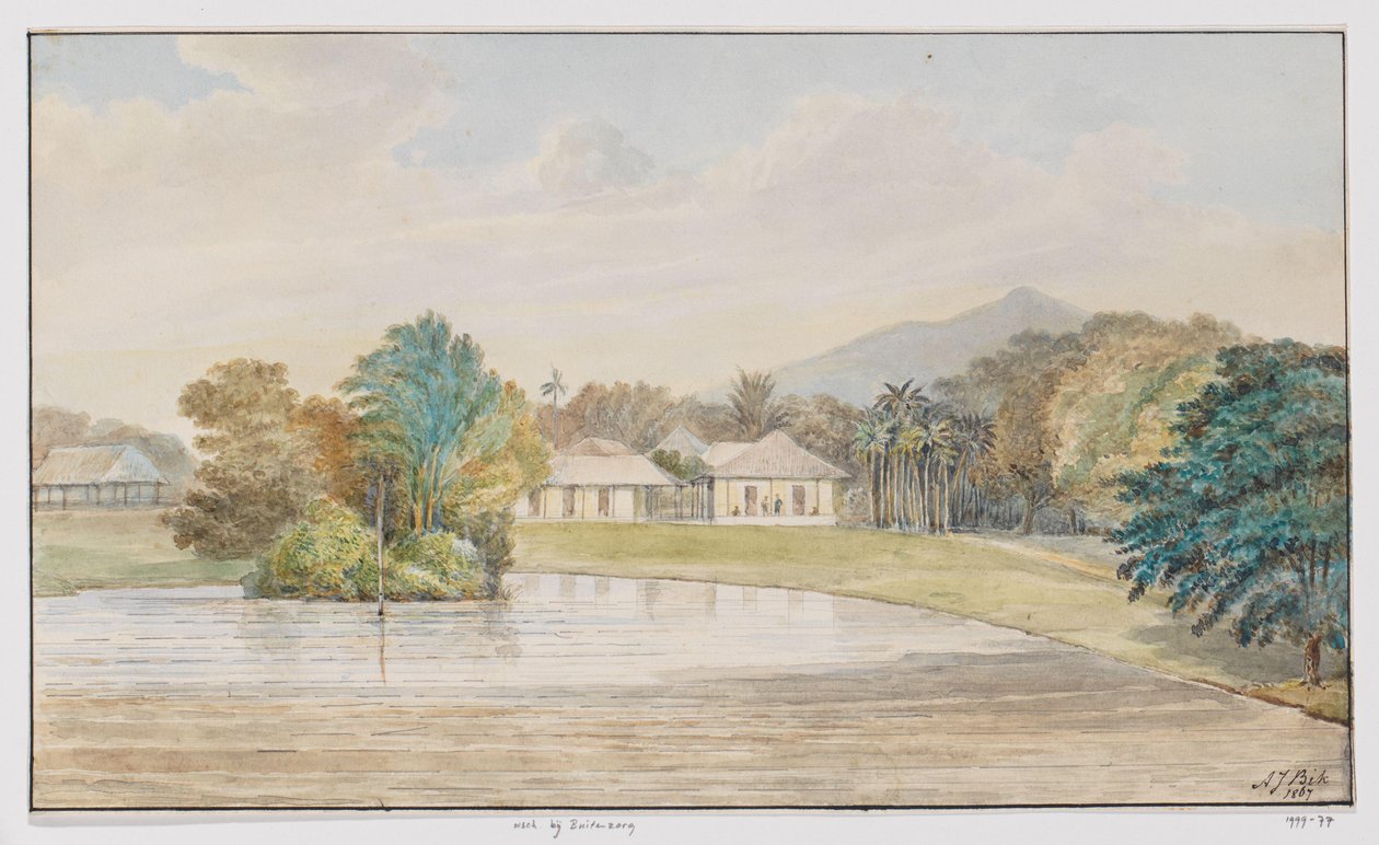 Landschap met woonhuis en vijver, West-Java door Adrianus Johannes Bik