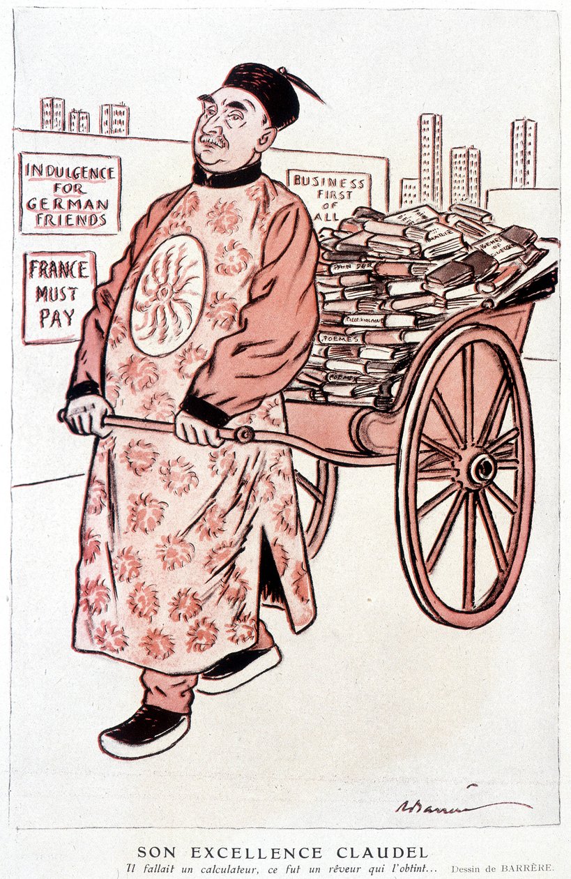 Cartoon over Paul Claudel, Franse dichter en toneelschrijver - door Barrère, in Fantasio van 01/01/1927 door Adrien Barrere
