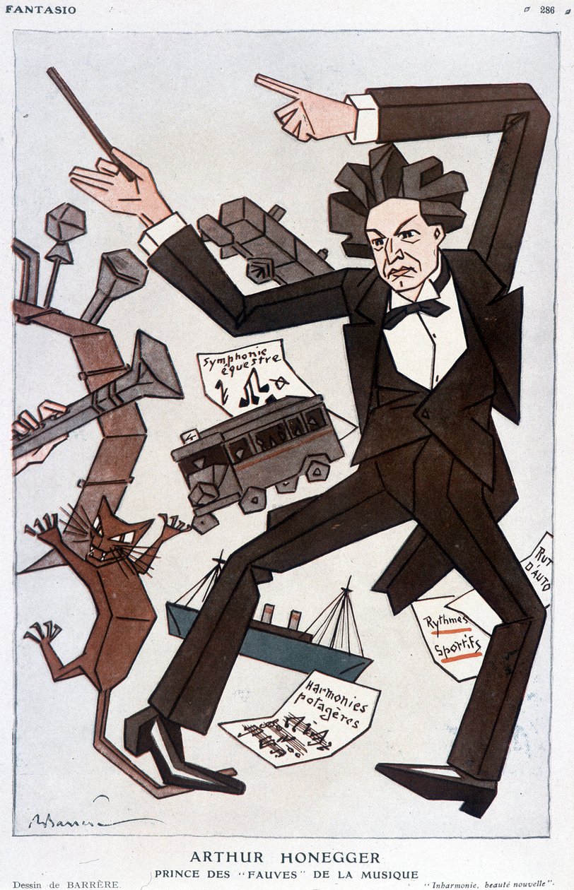 Cartoon door Arthur Honegger Prince of the Fauves of Music, Zwitserse componist (1892-1955) - door Barrère, in Fantasio van 01/01/1930 door Adrien Barrere