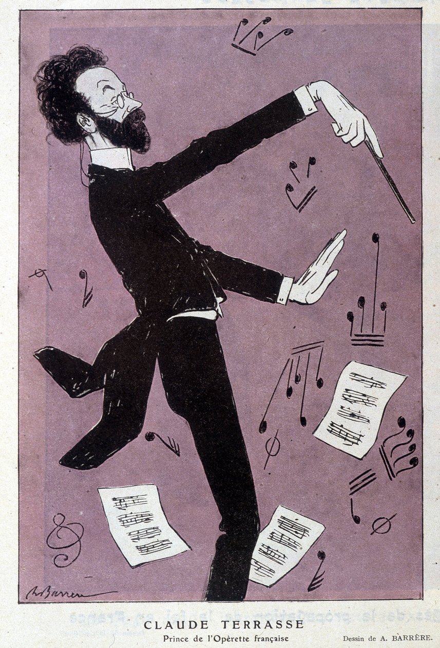 Cartoon door Claude Antoine Terrasse (1867-1925), Franse componist: Prins van de Franse operette. In Fantasio. Tekening van Barrère. door Adrien Barrere