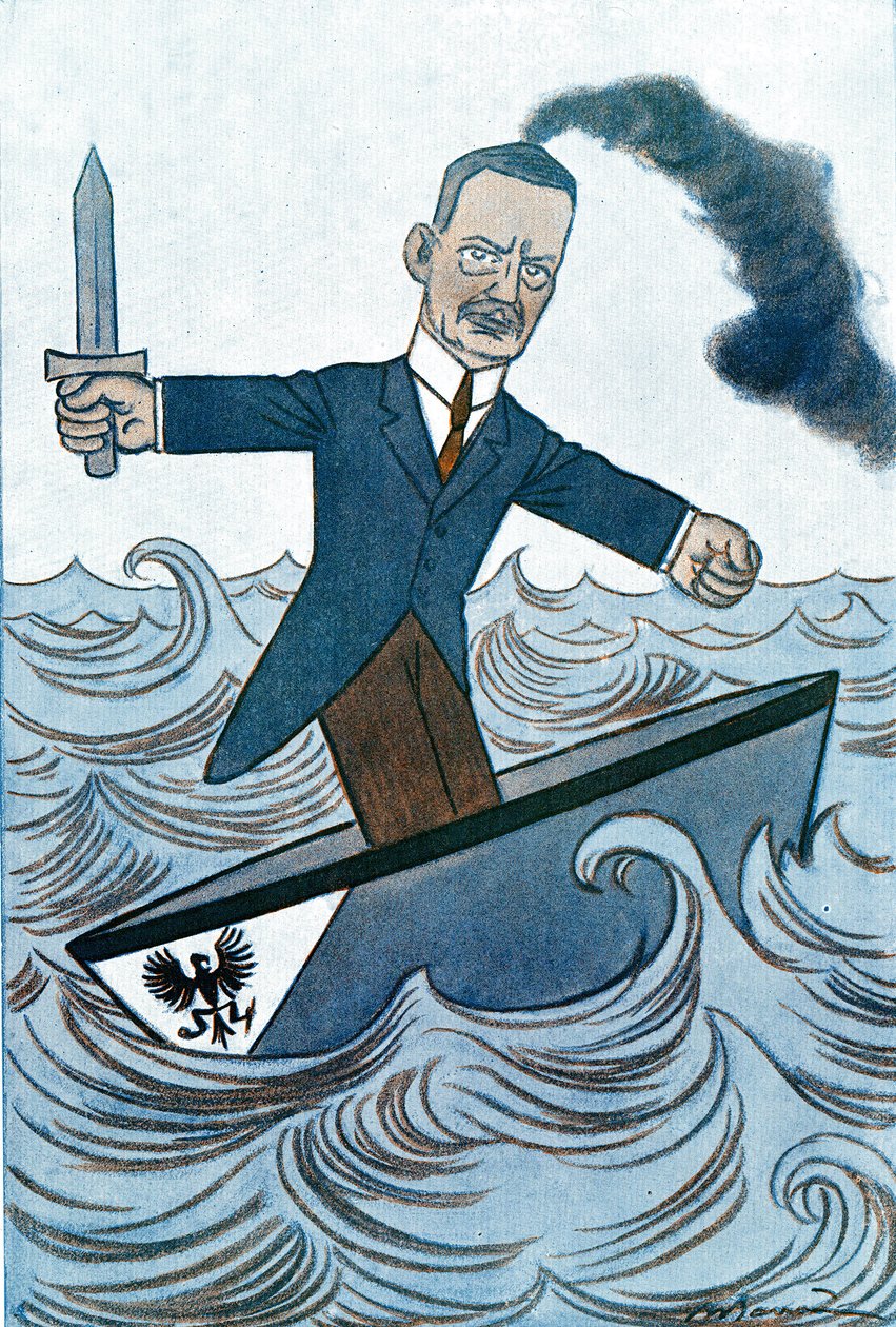 Cartoon door Wilhelm Cuno (1876-1933) Duitse politicus verantwoordelijk voor maritieme zaken. Tekening door Adrien Barrère (1877-1931) uit Fantasio door Adrien Barrere