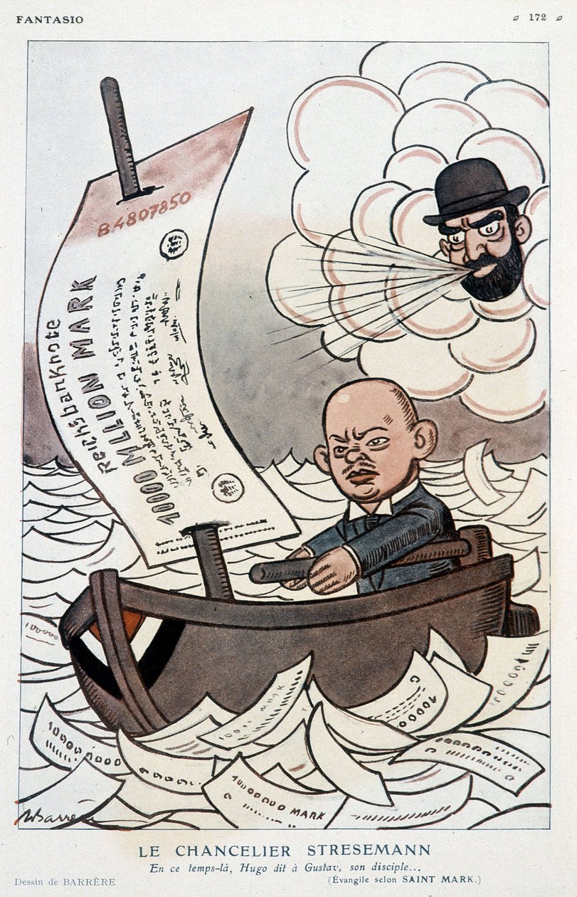 Cartoon over de Duitse kanselier Gustav Stresemann (1878-1929) en de devaluatie van de Mark - Illustratie door Adrien Barrere (1877-1931) in 