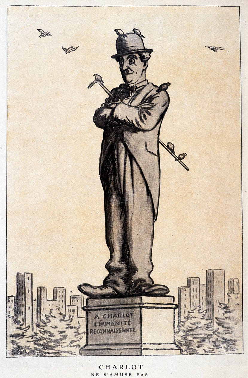 Charlot in standbeeld met opschrift: 