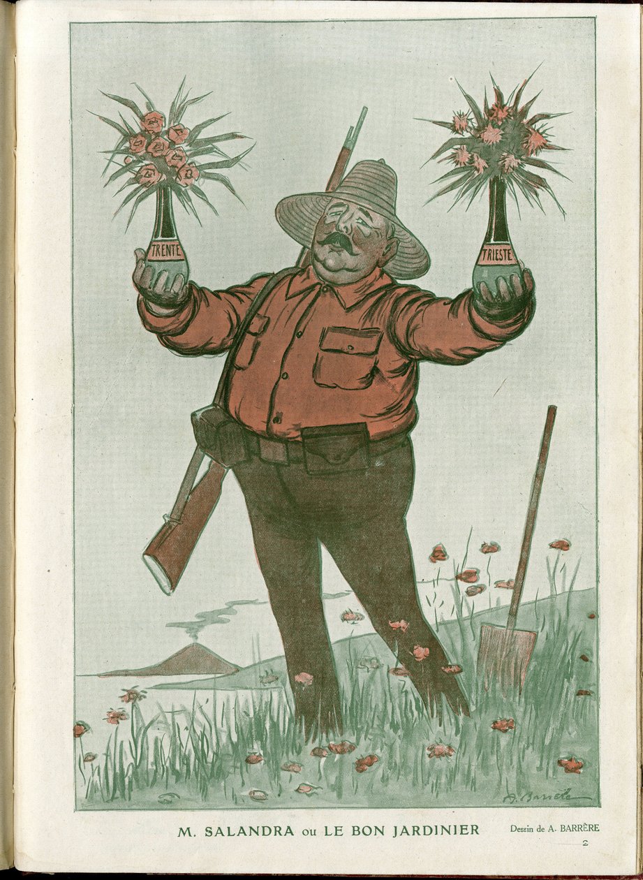 Illustratie van A Barrere (1874-1931) in Fantasio, 01/06/15 - Mr. Salandra of de Goede Tuinman - Oorlog van 14-18, Italië, Wijn, Neutraliteit, Bloemen, Vulkanische uitbarstingen, Voorzitter van de Raad, Triëst - Salandra Antonio door Adrien Barrere